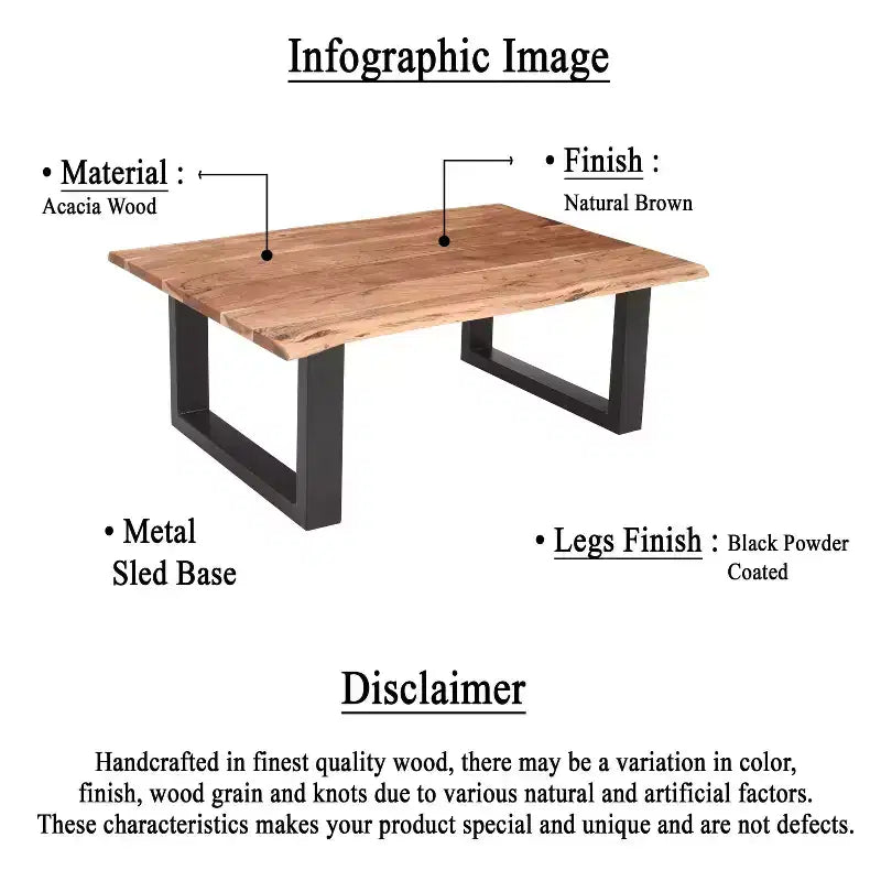 Table basse rectangulaire Urban Port 45 en bois d’acacia, détails de bord naturel, piètement en métal thermolaqué noir, brun naturel