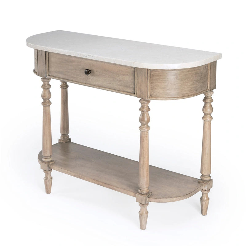 Table console avec plateau en marbre – Marron clair / gris / noir délavé, demi-lune, montage par une personne