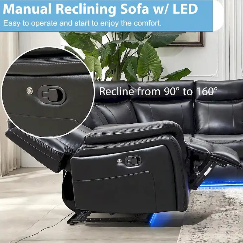 Canapé d'angle inclinable électrique avec lumières LED, fauteuil inclinable en similicuir, porte-gobelets en forme de L, port USB pour salon noir