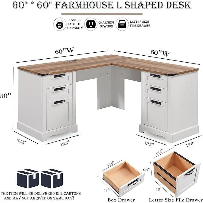 Bureau de direction en L style maison de campagne 60, bureau d'angle en bois, bureau d'ordinateur
