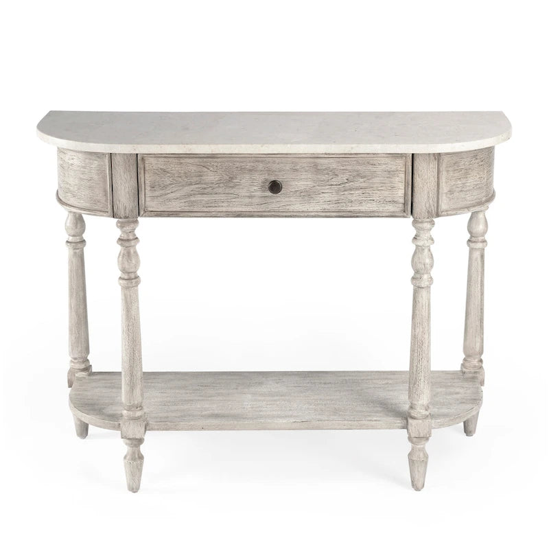 Table console avec plateau en marbre – Marron clair / gris / noir délavé, demi-lune, montage par une personne
