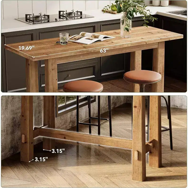 Table de bar de 63 pouces en bois massif, hauteur bar, pour cuisine, café ou restaurant