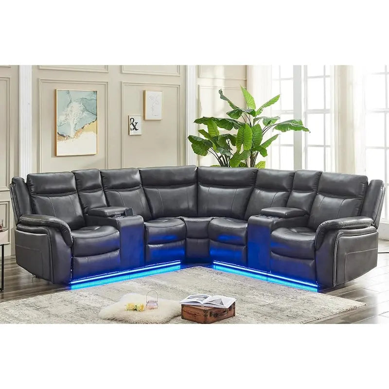 Canapé d'angle inclinable électrique avec lumières LED, fauteuil inclinable en similicuir, porte-gobelets en forme de L, port USB pour salon noir