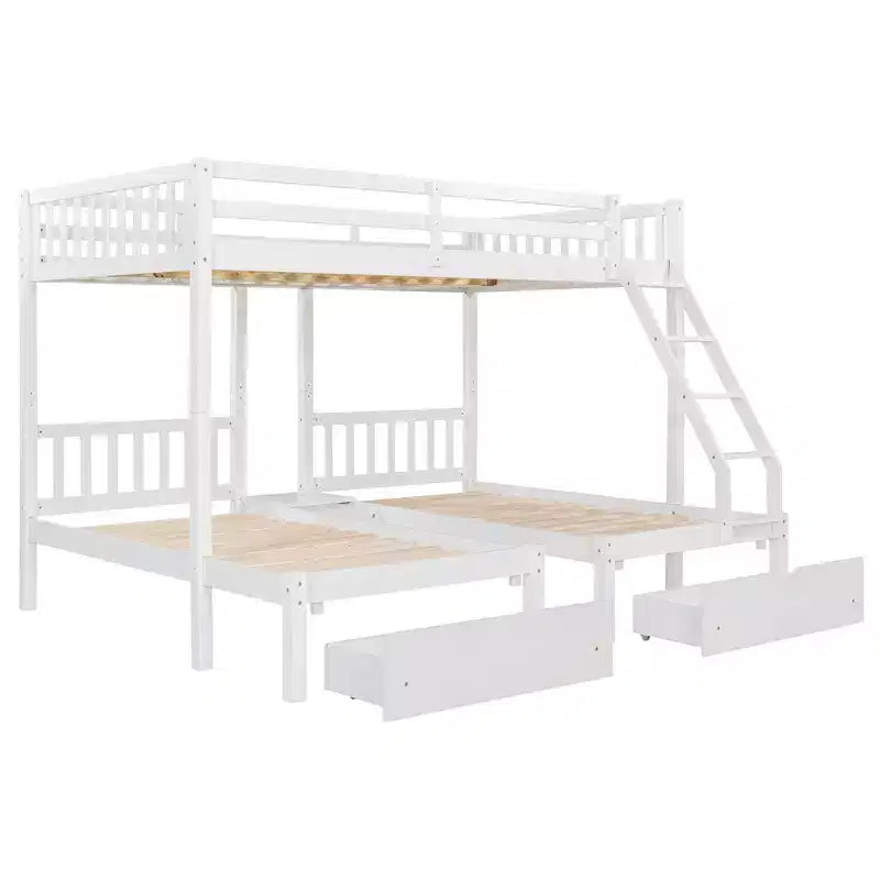 Lit superposé Triple (grand lit en haut, lits jumeaux en bas) avec 2 tiroirs de rangement, en bois, peut être séparé en 3 lits individuels