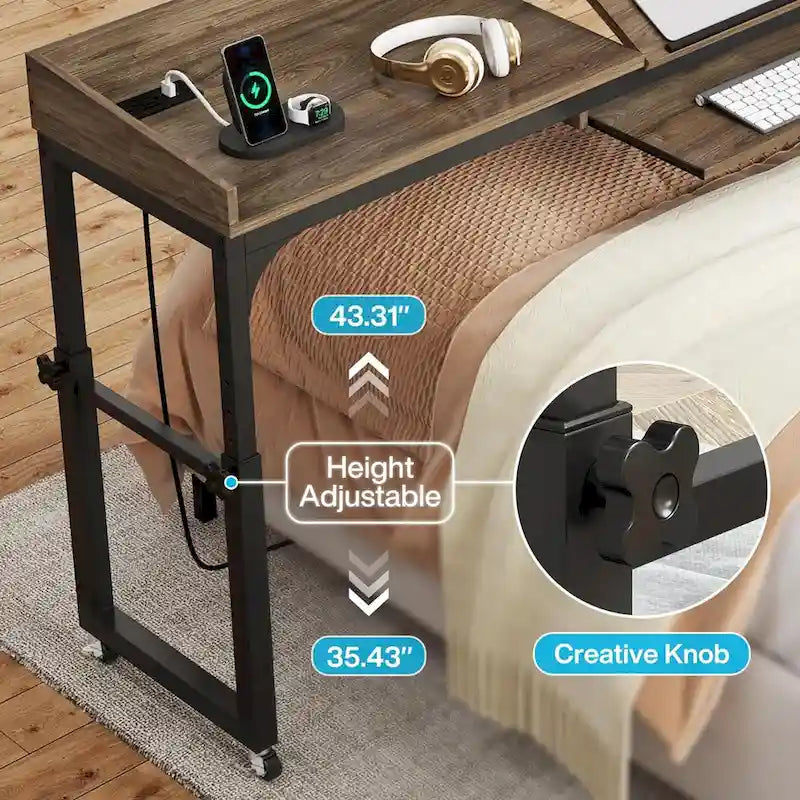Table de chevet réglable en hauteur avec roulettes, chariot mobile pour ordinateur portable avec prises et ports USB