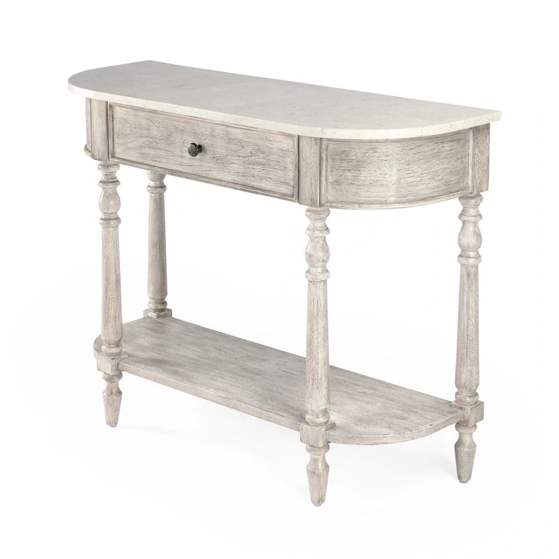Table console avec plateau en marbre – Marron clair / gris / noir délavé, demi-lune, montage par une personne