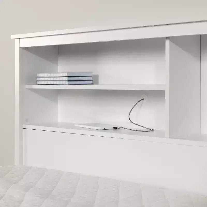 Tête de lit bibliothèque double Vito Pure White - South Shore : Tête de lit double moderne avec étagères, panneaux de particules
