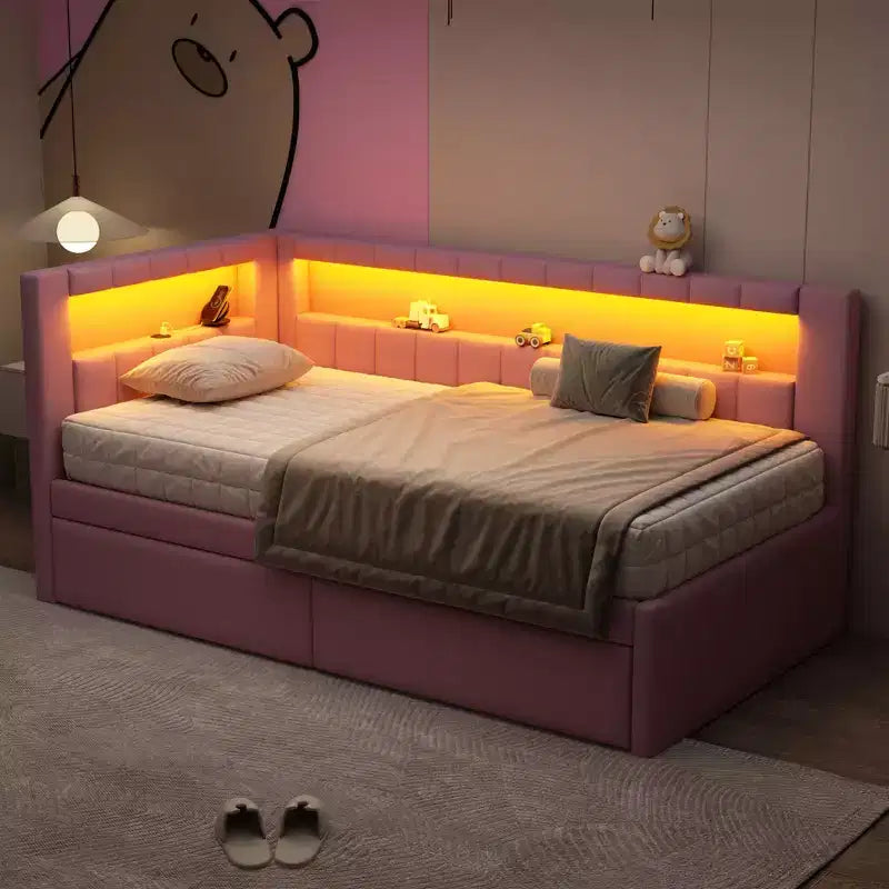 Lit de repos rembourré jumeau avec 2 tiroirs, cadre de lit de repos avec rangement, tête de lit en L, ports USB et LED
