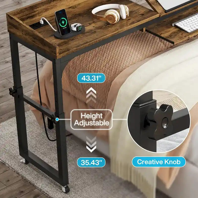Table de chevet réglable en hauteur avec roulettes, chariot mobile pour ordinateur portable avec prises et ports USB