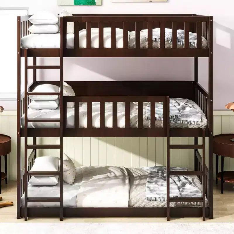 Lit superposé triple pour enfants, lit superposé trois places détachable avec échelle et barrière de sécurité, se sépare en 3 lits