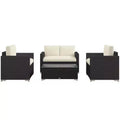 Ensemble de canapés en rotin 4 pièces, ensemble de canapés de patio en osier avec causeuse, chaises et table basse en verre pour jardin extérieur