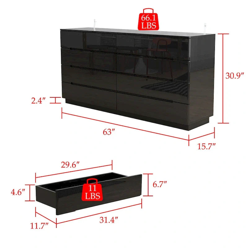 Commode 63 à finition haute brillance avec caisson éclairé à 8 tiroirs et plateau spacieux
