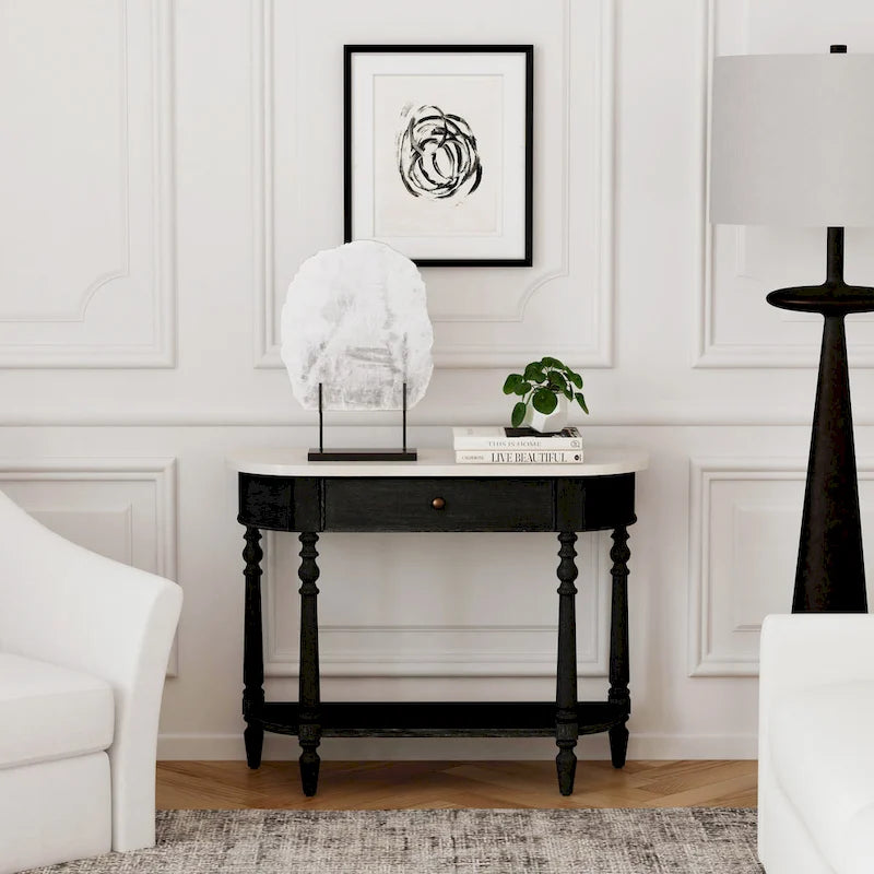 Table console avec plateau en marbre – Marron clair / gris / noir délavé, demi-lune, montage par une personne