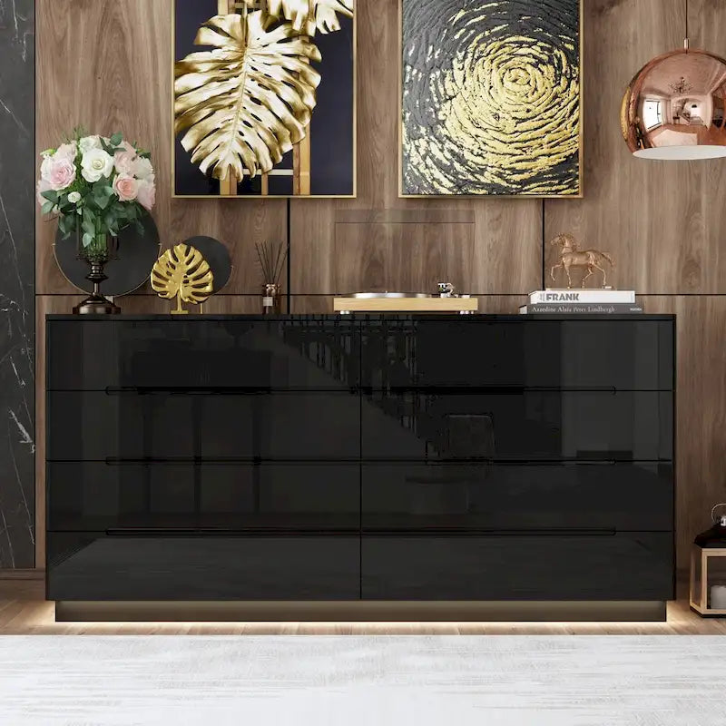 Commode 63 à finition haute brillance avec caisson éclairé à 8 tiroirs et plateau spacieux