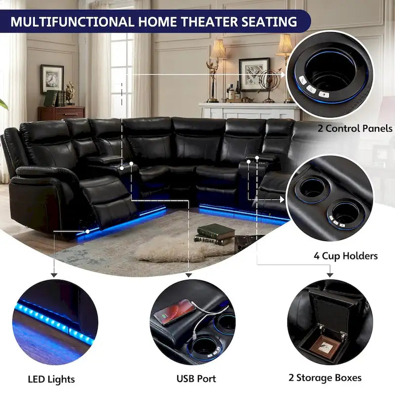 Canapé d'angle inclinable électrique avec lumières LED, fauteuil inclinable en similicuir, porte-gobelets en forme de L, port USB pour salon noir