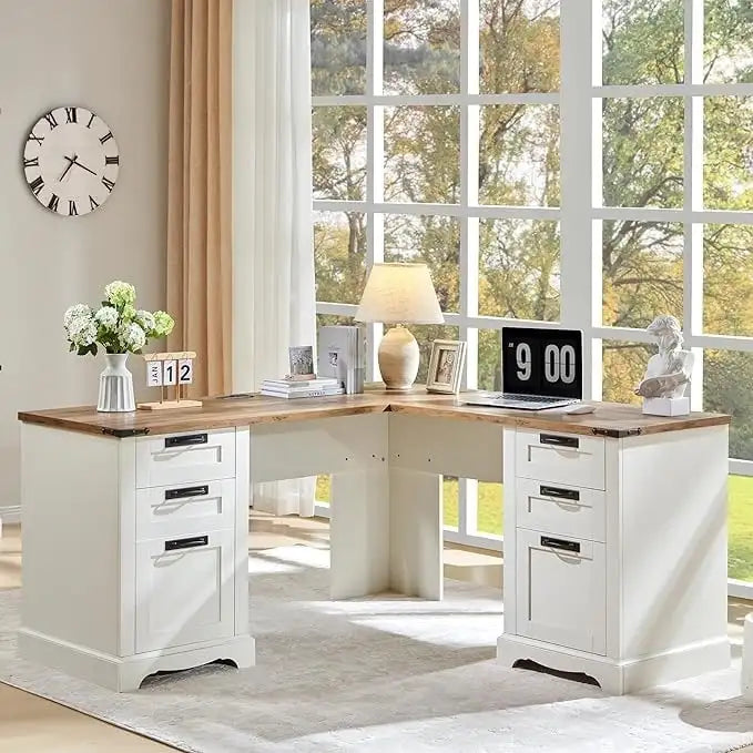 Bureau de direction en L style maison de campagne 60, bureau d'angle en bois, bureau d'ordinateur