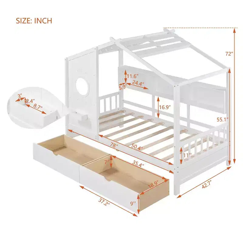 Lit cabane et lit enfant Whisen une place, lit cabane avec 2 tiroirs, étagère de rangement