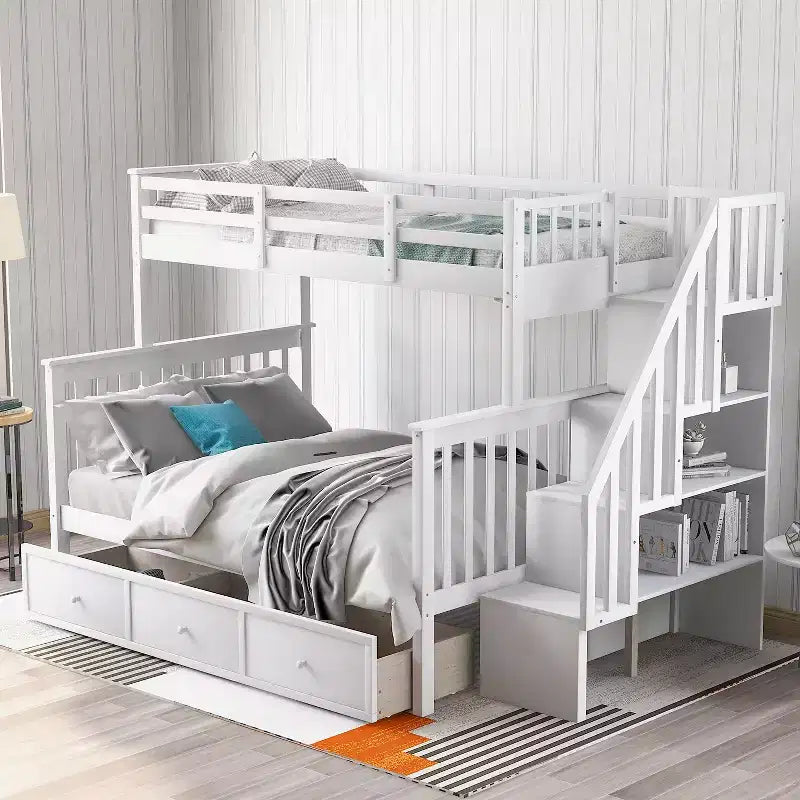 Lit superposé avec escalier, couchage double supérieur et couchage double inférieur, avec tiroir, rangement et garde-corps pour chambre à coucher, dortoir, pour adultes, couleur blanche